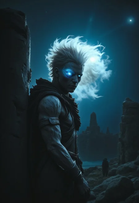 Ethereal humanoid figure with translucent pale skin that shimmers in moonlight, abnormally large reflective blue eyes adapted for night vision, Covered in shadows, stocky build, light blonde hair. Dressed in simple clothing, standing near ancient stone fortress ruins in Appalachian mountains. Nocturnal being who retreats from sunlight. Medieval fantasy style, mystical atmosphere, moonlit scene, in the style of ck-ncr,