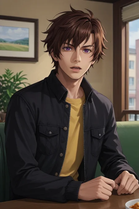 score_9, score_8_up, score_7_up, source_anime, rating_safe, , (realistic:0.6), , depth of field, 1boy, solo, male focus, , ,<lora:mofan:0.90>,mo fan,brown hair,purple eyes,short hair,looking at viewer, open mouth, shirt, jacket, upper body, indoors, black jacket, couch, pocket, yellow shirt,sitting,table,cafe  , , , <lora:sdxl_lightning_8step_lora_315544:1>