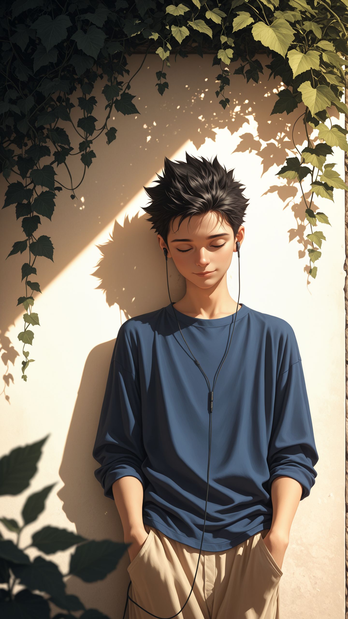 1boy,male, young adult, photograph, digital art, <lora:add-detail-xl:1>,
masterpiece,best quality, newest,
black hair, spiked hair, navy blue shirt, casual clothing, closed eyes, earphones, 
standing, against wall, leaning back, sunlight, shadows, ivy, green leaves, sunlight filtering through leaves, light and shadow contrast, soft lighting, warm tones, serene expression, slight smile, natural light, outdoors, background blurred, depth of field, front view, facing viewer, centered composition, soft textures, relaxed pose, dreamy atmosphere, ethereal, fantasy, tranquil mood, detailed foliage, vibrant colors, soft focus background, light and shadow interplay