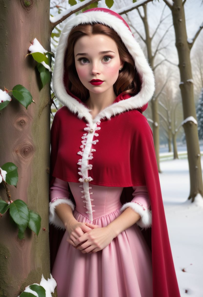 Raw photo, original style, very detailed face features,  Belle, behind a tree, removing her hood, rose dress, red cape, fluffy white fur edges