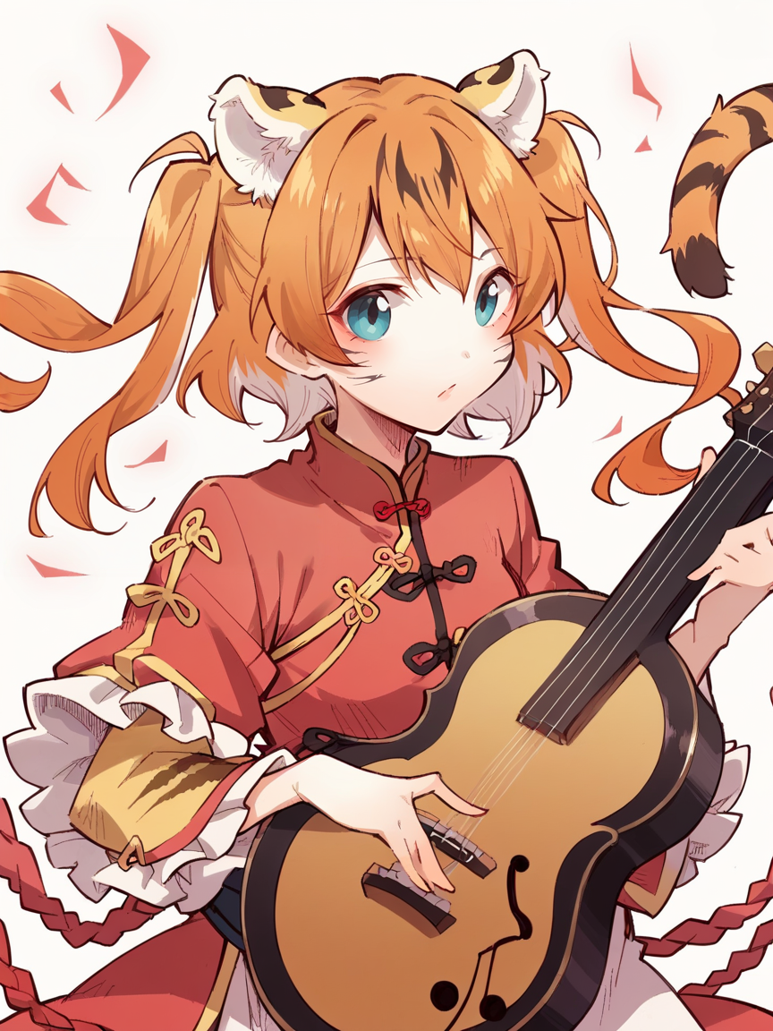 score_9, score_8_up, score_7_up, score_6_up, score_5_up,  <lora:orionlineXLP:1> orionline, chinese clothes, instrument, tiger ears, two side up, frilled shirt, 1girl,