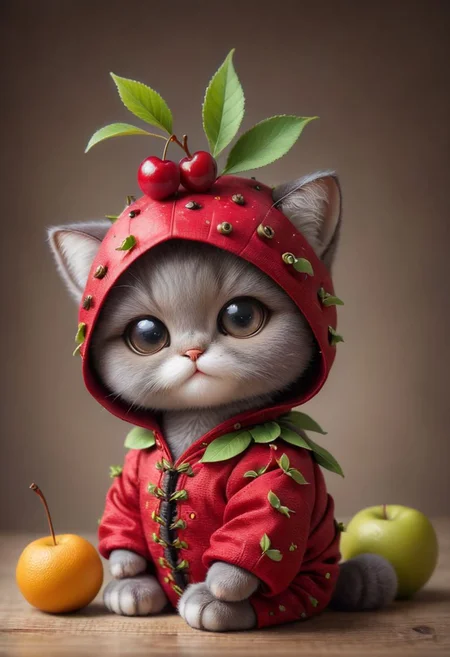 An award winning photo , a cute little baby cat,sitting around in a Cherry costume, (fruit) , (((cuteness overload))) <lora:add-detail-xl:1>,  <lora:WowifierXL-V2:1>, zhibi