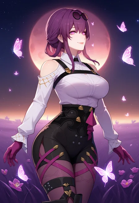 <lora:kafka_hsr_xypher_pdxl_v1:0.9> score_9, score_8_up, score_7_up BREAK source_anime, solo, kafka, no pupils, smile, eyewear on head, collared shirt, shoulder cutout, chest harness, long sleeves, purple gloves, high-waist shorts, black shorts, pantyhose under shorts, pantyhose, thigh straps, asymmetrical legwear, single thigh boot, black boots, wide hips, butterflies, field, starry sky, purple theme, glowing, from side