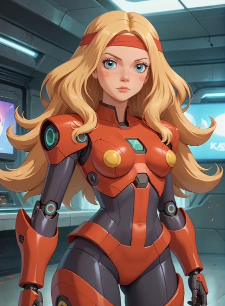 score_9, score_8_up, score_7_up, (masterpiece, best quality, highres, high resolution:1.2), extremely detailed, intricate details, 1girl, solo, alyonushka, freckles, blush stickers, cyborg warrior, fighting stance, headband, cyber armor, red armor, futuristic military suit, shiny metal, chrome, cowboy shot, looking at viewer, flowing hair,  futuristic, complex details, mecha hangar, indoors, neon, sci-fi, gundam,<lora:melnica_girls_pxl_v1.1:0.7>