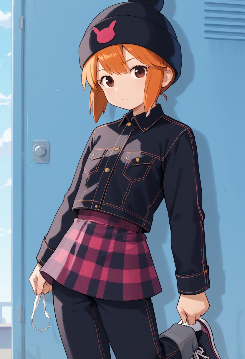 score_8, score_8_up, score_7_up, BREAK 1girl, female focus, solo, Julie_power,1girl,solo, flat chest, usagi_kurokawa, beanie, black headwear, hat ornament, orange hair, bangs, short hair, sidelocks, denim jacket, black jacket, collared jacket, breast pocket, long sleeves, skirt, plaid skirt, pants under skirt, black pants, jeans, sneakers, black footwear