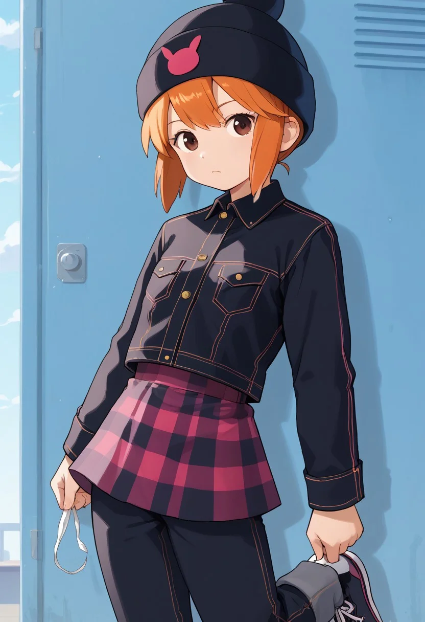 score_8, score_8_up, score_7_up, BREAK 1girl, female focus, solo, Julie_power,1girl,solo, flat chest, usagi_kurokawa, beanie, black headwear, hat ornament, orange hair, bangs, short hair, sidelocks, denim jacket, black jacket, collared jacket, breast pocket, long sleeves, skirt, plaid skirt, pants under skirt, black pants, jeans, sneakers, black footwear
