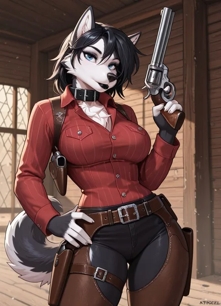 masterpiece, best quality, absurdres, newest, <lora:Jezzel_Vega:0.8>, jezzel, solo, furry, anthro, female nordic sled dog, fit body, detailed fur, medium breasts, tail, husky tail, very short black hair, black lip, detailed face, detailed blue eyes, western clothing, cowboy clothing, gun belt, holster, revolver, wild west background