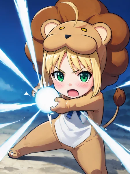 score_9, source_anime, masterpiece, abusrdres,
<lora:saber lion test0.1:0.85> <lora:kamehameha charge stance:0.7>
charge stance, kamehameha charge stance, energy ball, strong wind, dynamic, dutch angle, cowboy shot,
1girl, lion costume, blonde hair, chibi, green eyes, blush, open mouth, looking at viewer, anime hands,