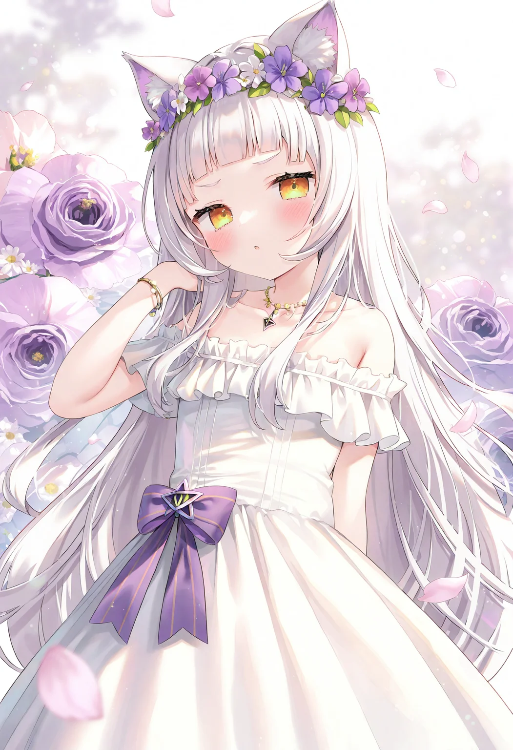 1girl, murasaki shion, 
solo, virtual youtuber, animal ears, long hair, dress, jewelry, bare shoulders, white dress, looking at viewer, cat ears, animal ear fluff, petals, collarbone, necklace, grey hair, bow, blush, off shoulder, flower, yellow eyes, hair ornament, off-shoulder dress, purple bow, white background, purple flower, alternate costume, parted lips, head wreath, hand up, white hair, very long hair, blunt bangs, arched bangs, hair flower, upper body, very awa hime \(project sekai\),
masterpiece, best quality, newest, absurdres, highres
 <lora:cao5_noob1.1-000192:0.9>