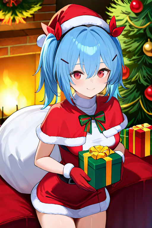 masterpiece, High quality, Ultra detailed, 2d, newest, absurdres, highres, BREAK
1girl, solo, <lora:Colphne:0.9>, colphne_(girls'_frontline_2), blue hair, twintails, hairclip, red hair ribbon, hair between eyes, red eyes, smile, small breasts, ColphneNd, santa costume, santa hat, christmas, sack, merry christmas, gift, fur-trimmed headwear, holding sack, santa dress, fur-trimmed dress, christmas tree, christmas tree, fur trim, red capelet, gift box, red gloves, fur-trimmed capelet, santa gloves, red hat, hat,