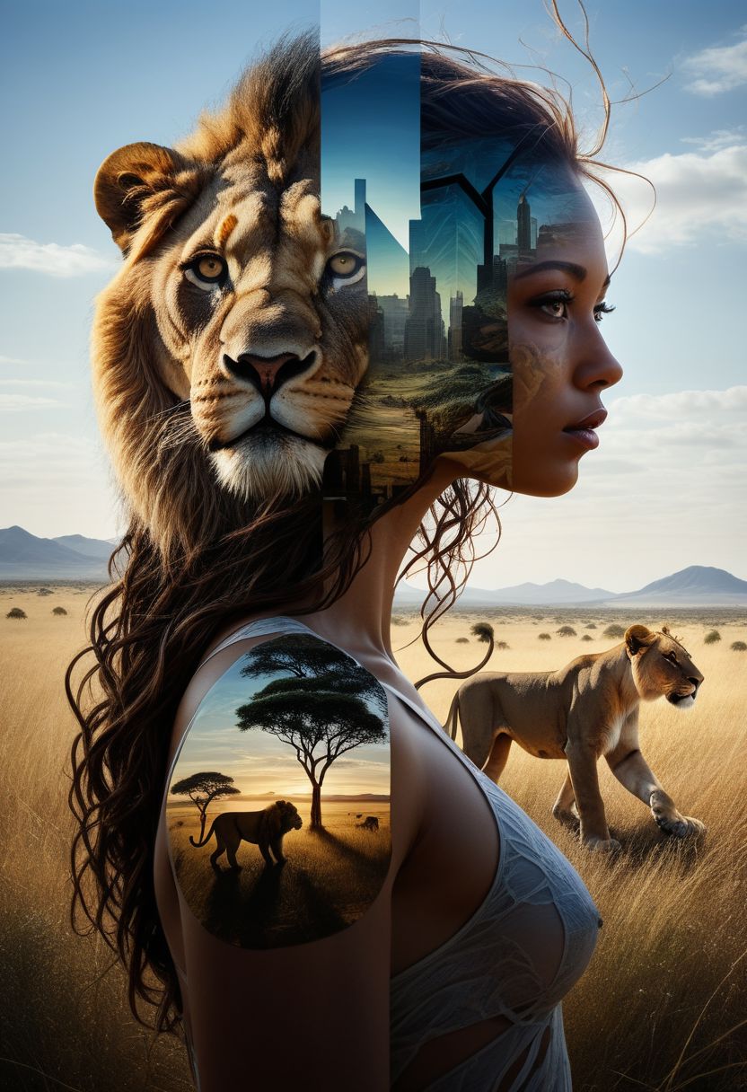 mysterious silhouette of a woman side by side with a lion, in african savannah, goddess, alluring, by Minjae Lee, Carne Griffiths, Emily Kell, Steve McCurry, Geoffroy Thoorens, Aaron Horkey, Jordan Grimmer, Greg Rutkowski, amazing depth, double exposure, surreal, geometric patterns, intricately detailed, bokeh,  perfect balanced, deep fine borders, artistic photorealism , smooth,  great masterwork by head of prompt engineering   <lora:add-detail-xl:2>  <lora:Double_Exposure:0.5>