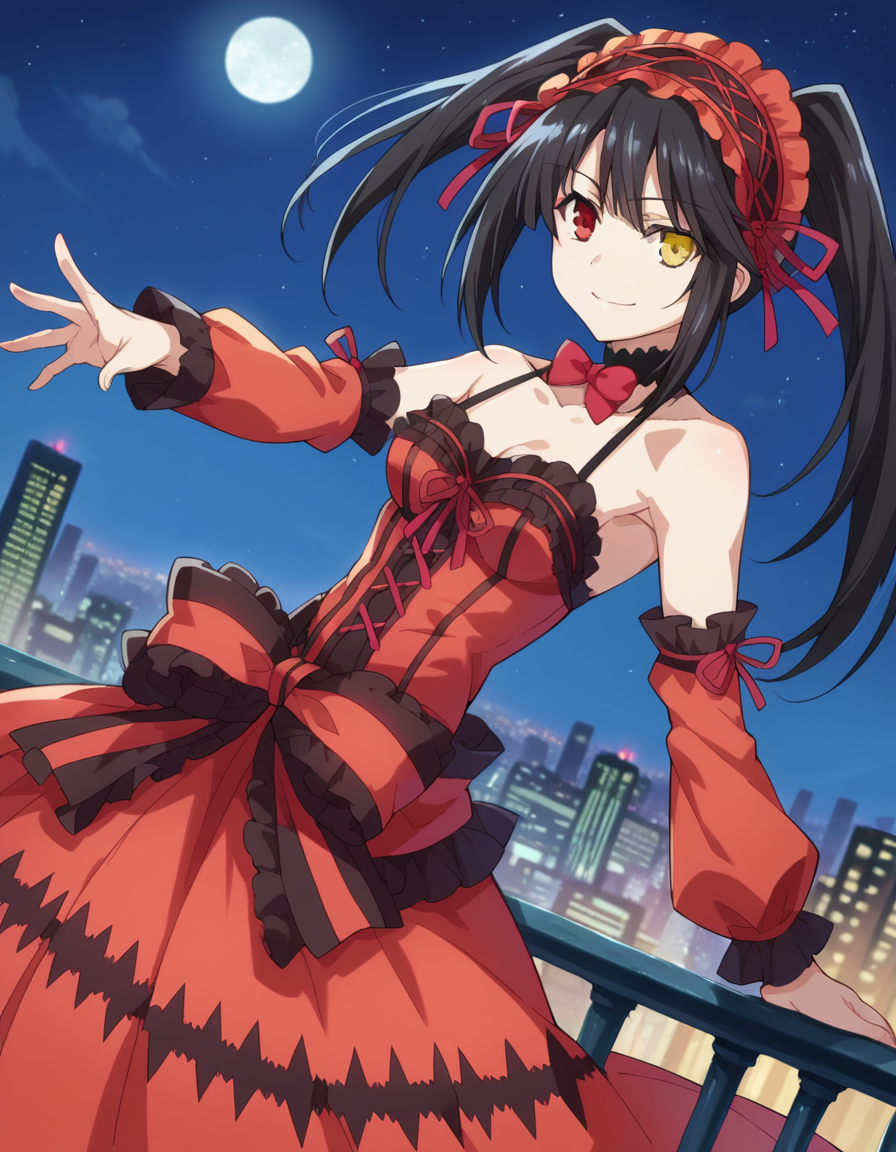 score_9, score_8_up, score_7_up, source_anime, 
kurumitokisaki, <lora:kurumi-tokisaki-ponyxl-lora-nochekaiser:1>, 
kurumi tokisaki astral dress, long hair, black hair, red eyes, twintails, yellow eyes, hairband, heterochromia, smile, dress, red dress, bare shoulders, collarbone, choker, bowtie, red bowtie, detached sleeves, corset, frills, 
outdoors, cityscape, night sky, starry sky, moon,
looking at viewer, cowboy shot, dutch angle,
