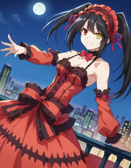 score_9, score_8_up, score_7_up, source_anime,
kurumitokisaki, <lora:kurumi-tokisaki-ponyxl-lora-nochekaiser:1>,
kurumi tokisaki astral dress, long hair, black hair, red eyes, twintails, yellow eyes, hairband, heterochromia, smile, dress, red dress, bare shoulders, collarbone, choker, bowtie, red bowtie, detached sleeves, corset, frills,
outdoors, cityscape, night sky, starry sky, moon,
looking at viewer, cowboy shot, dutch angle,