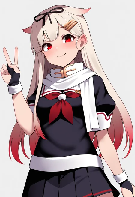 best quality, amazing quality, very aesthetic, absurdres,
1girl, yuudachikaini, blonde hair, gradient hair, hair flaps, long hair, hair ribbon, hairclip, red eyes,
serafuku, fingerless gloves, neckerchief, pleated skirt, school uniform, scarf,
upper body, smile, looking at viewer, solo, simple background, white background ,      <lora:YuudachiNoobXL_byKonan:1>