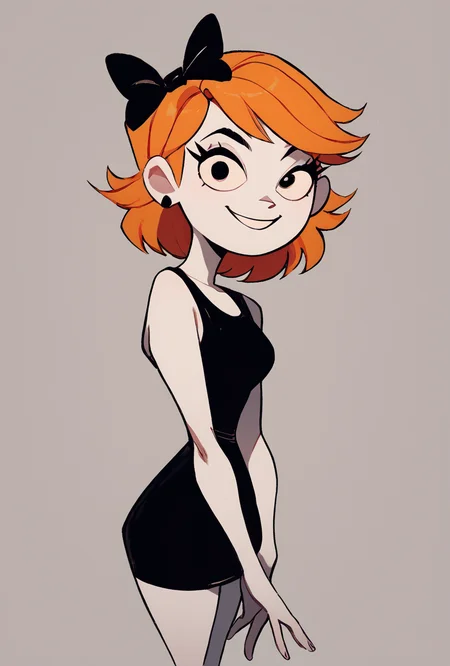 score_9, score_8_up, score_7_up, score_6_up, score_5_up, simple, looking at viewer, smiling, simple, <lora:derpina-10:1> derpina, 1girl, short hair, hair bow, medium hair, orange hair, black dress,, white skin,, <lora:wyatt:1> wyatt <lora:Helluva Cartoon Style Pony V1:1> HCSV1