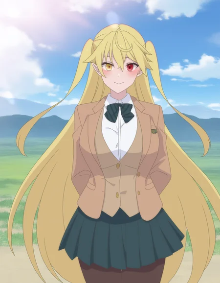 hizuki_olis, 1girl, solo, very long hair, two side up, blonde hair, pointy ears,
heterochromia, school uniform, diagonal-striped bow, brown jacket, brown cardigan, white shirt, green skirt, brown pantyhose, cowboy shot,
looking at viewer, blush, smile, arms behind back
BREAK
scenery, mountainous horizon, blue sky, day, sunlight, masterpiece, best quality, newest, absurdres, very awa, very as2, year 2024
<lora:hizuki_Maou2099_ilxl_blora-dim64-svfro098_v1_char:1> <lora:hizuki_Maou2099_ilxl_blora-dim64-svfro098_v1_style:1>
