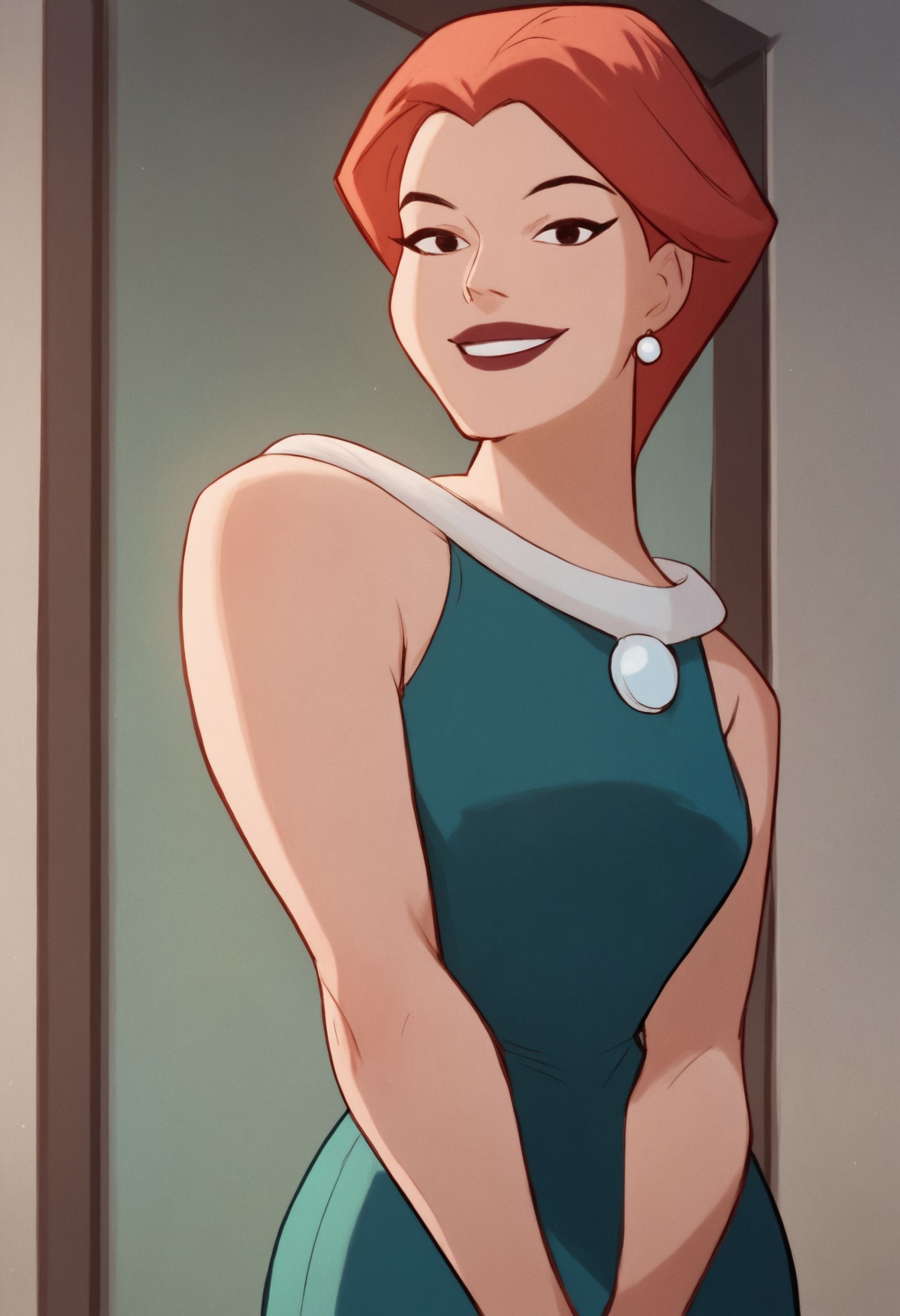 <lora:MaryMcGinnisBatmanBPony1.0:1> marymcginnis, 1girl, short hair, solo, red hair, jewelry, earrings, green dress, lipstick,smile, score_9, score_8_up, score_7_up, score_6_up, score_5_up, score_4_up, looking at viewer, cowboy shot,