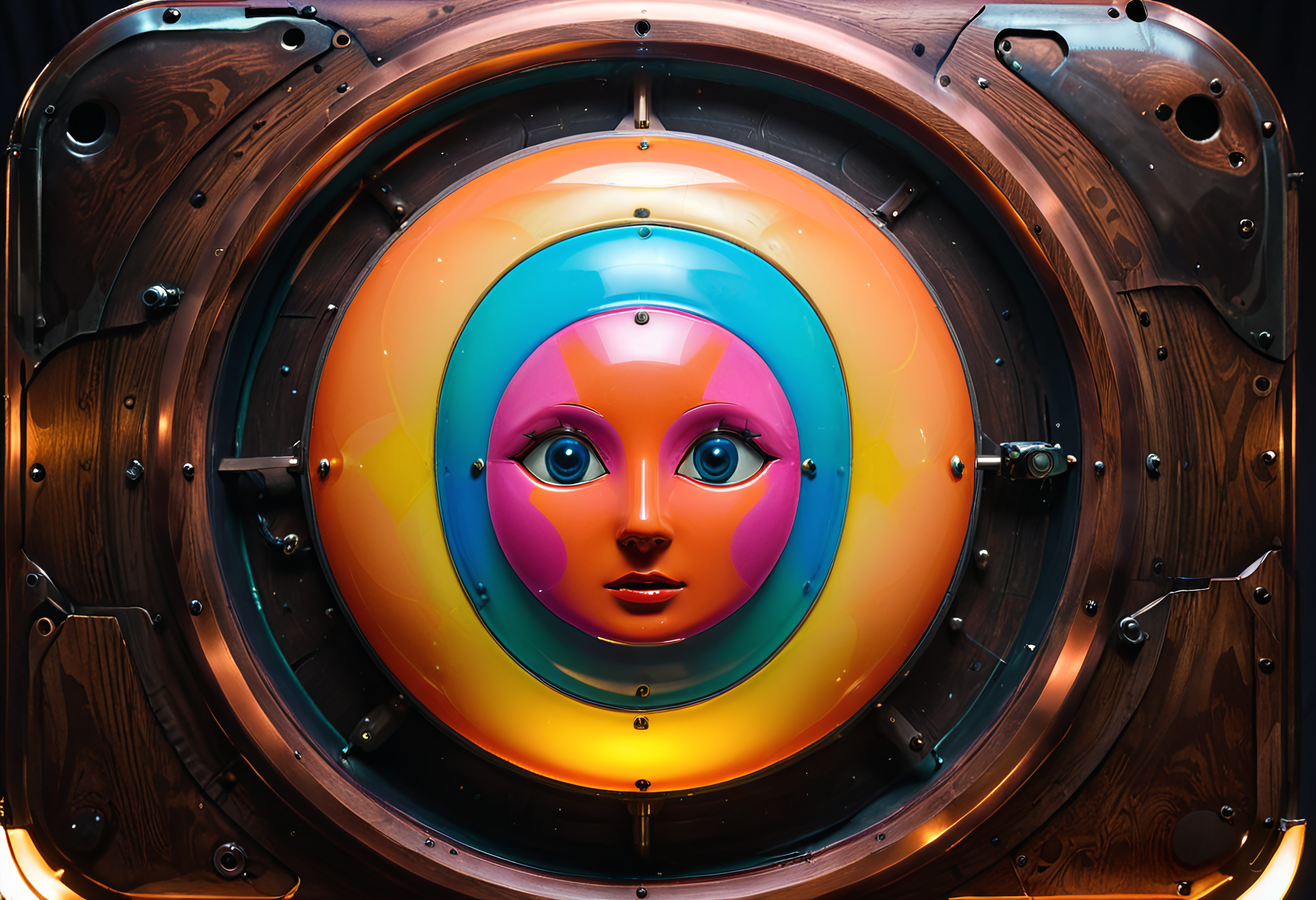 shnywrld, inflatable, retro-scifi, colorful, luminous, a (shnywrld laser), brightly colored in multiple shades and hues, cartoonish, rounded edges, surreal shape, on a copper and wooden plaque, simple background.  <lora:shinyworld:.8>  <lora:zavy-cntrst-sdxl:.8> dark, chiaroscuro, low-key <lora:xl_more_art-full_v1:.8>