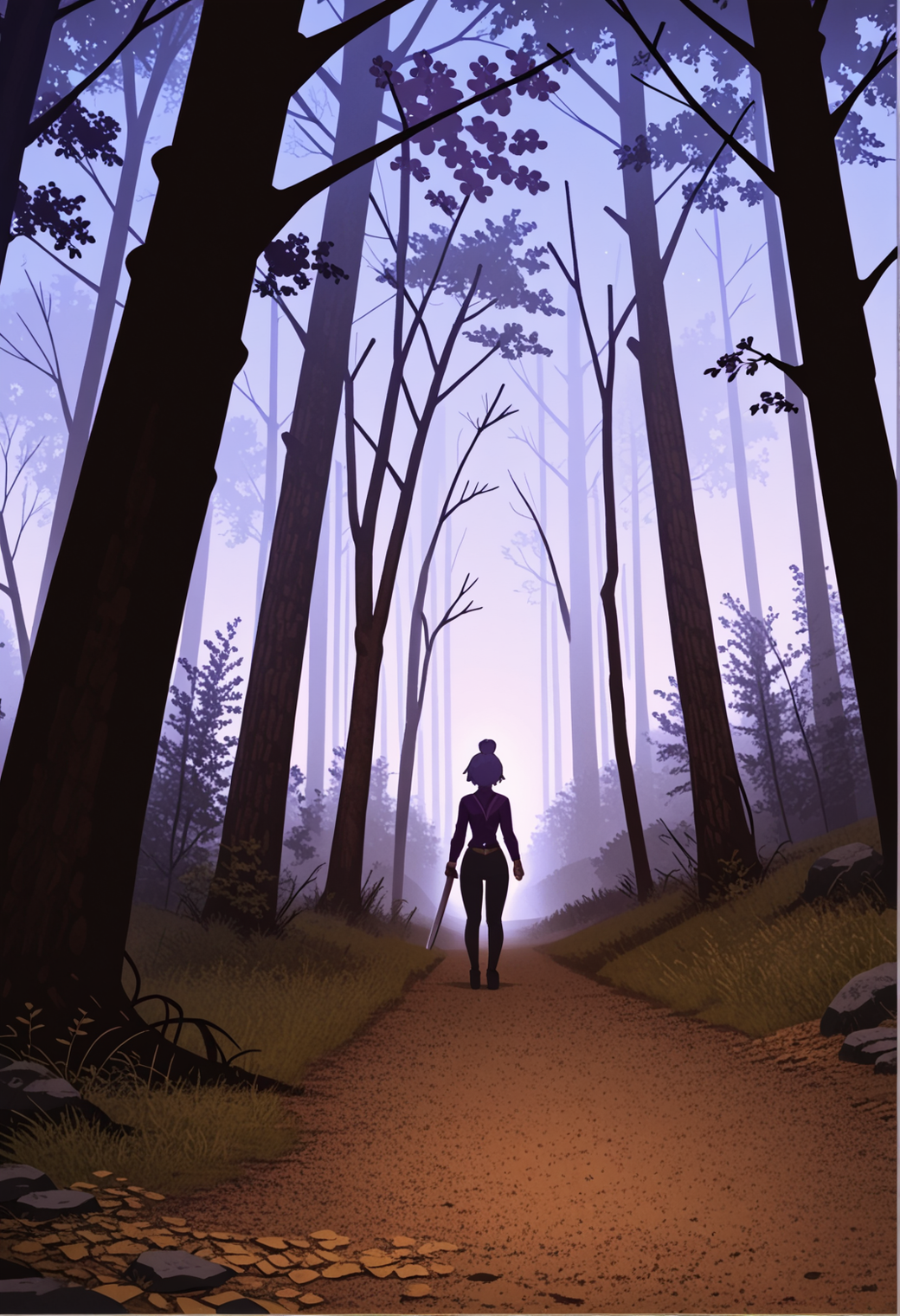 graphic novel digital illustration. emotional. vivid colors.

stretching ahead is a meandering (bright brown dirt) path through a dark forest. dappled moonlight occasionally forces its way through the towering trees on each side of the narrow path. the path eventually fades into the mist beyond. (coming out of the foreboding mist is the ominous silhouette of a solo human figure holding a sword). (the gnarled trees are laden with ((purple berries))). the underbrush at the side of the path has yellow daisies