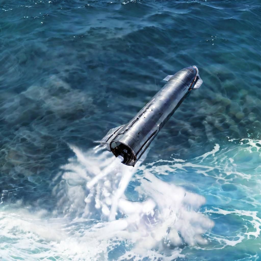 (metal Starship):3, landing on the ocean, waves, spray, splash