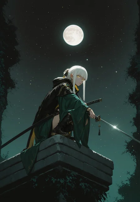 aetrnm2, weapon, 1girl, sword, moon, solo, white hair, yellow eyes, holding, night, holding weapon, holding sword, full moon, katana, star (sky), squatting, sky, boots, sidelocks, starry sky, outdoors, bangs, glowing, night sky, blunt bangs, long hair, sheath, wide sleeves, looking at viewer, plant, jewelry, kodachrome, masterpiece, best quality, highest quality, aesthetics, newest, 4k