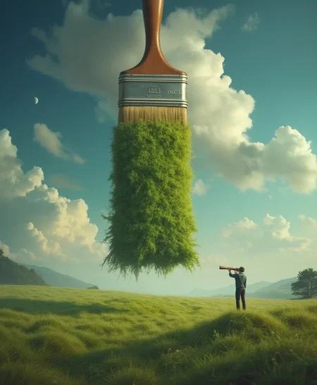 A surreal landscape where a vast expanse of grassy field is suspended in mid-air, held aloft by a large paintbrush. Above this field, the sky is painted with a myriad of clouds, and a crescent moon is visible. On the right side of the image, a person stands atop the grass, holding a telescope, seemingly gazing into the distance. The entire scene is bathed in a soft, dreamy light, creating a sense of wonder and imagination.