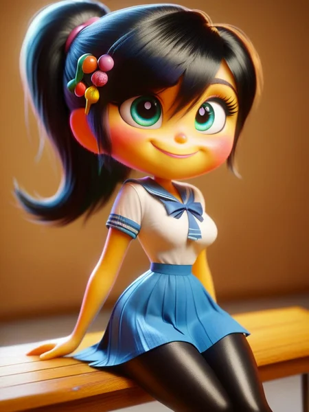 score_9, score_8_up, score_7_up, score_6_up, 1girl, colored skin, sitting in a bench, hands on thighs, long black hair, school uniform, skirt, black thighhighs, cute hair ornament, bright pupils, blush, medium breasts, narrow waist, wide hips, thick thighs, looking at viewer, cowboy shot, dynamic pose, cute, wide shot, solo, sexually suggestive, light smile,
cartoon, <lora:InsideOutCH_Style:1> InsideOutXLP, chibi,