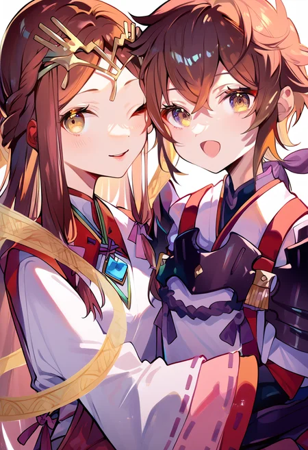 (score_9:0.9),score_8_up,score_7_up,anime style,rating_safe,(zPDXL),2girls,white background,hug,looking at viewer,
BREAK long sleeves,haze_xb2,miko costume,light smile,one eye closed,
BREAK shoulder armor,lora_xb2,white japanese costume,open mouth,<lora:XB2 Lora and Haze ponyXL v1:0.85>,