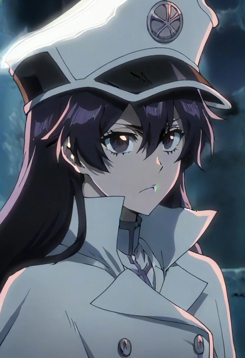source_anime, anime screencap, anime coloring, nsfw, uncensored, <lora:Bambietta_Basterbine:1>Long hair, black hair, hair between eyes, dark purple eyes,, hat, peaked cap, white headwear, white gloves,