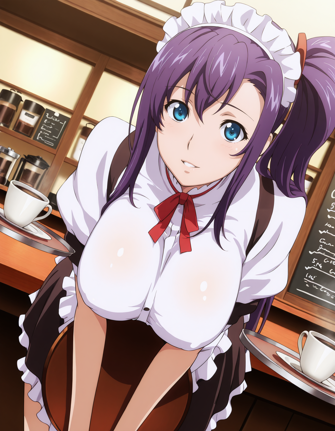 <lora:Haruko_Amaya_v01:1> harukoamaya, blue eyes, purple hair, side ponytail, large breasts,
dutch angle, depth of field, HDR, 8K,
masterpiece,best quality,amazing quality, highest score, maid, maid headdress, holding tray, coffee, cafe,  parted lips, light smile, cowboy shot, bent over