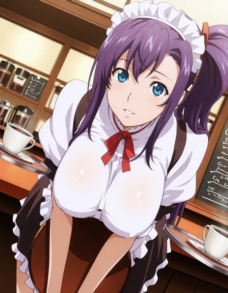 <lora:Haruko_Amaya_v01:1> harukoamaya, blue eyes, purple hair, side ponytail, large breasts,
dutch angle, depth of field, HDR, 8K,
masterpiece,best quality,amazing quality, highest score, maid, maid headdress, holding tray, coffee, cafe, parted lips, light smile, cowboy shot, bent over