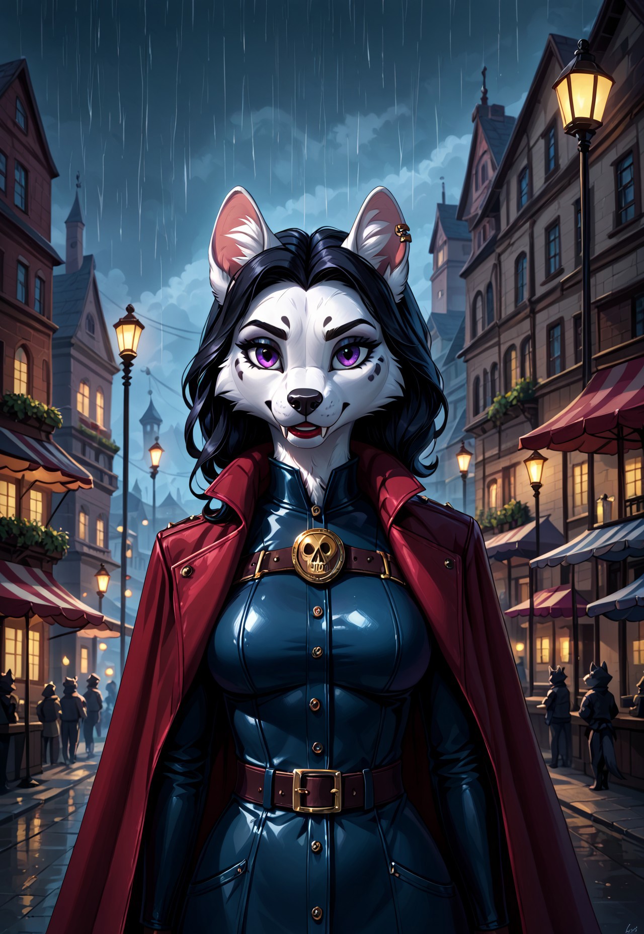 safe_pos, safe_pos, safe_pos, score_9, score_8_up, score_7_up, score_6_up, photorealistic, epiCPhotoGasm-colorfulPhoto, Realistic, highres, super high resolution, 8k, photo,  furry, anthro, female, 
In a rain-soaked city, a lone detective steps into the glow of a flickering streetlamp, her trench coat trailing behind her like a cloak of shadows. Her jet-black hair falls in sharp waves, framing her face, where a hint of crimson lipstick contrasts starkly against her pale complexion. Her dark, tailored suit is accented with subtle gothic flourishes—a lace cravat and silver skull cufflinks. In her gloved hand, she holds a cigarette, its faint ember glowing in the misty night, while the other grips a sleek revolver engraved with cryptic symbols. Her sharp, calculating gaze misses no detail as she stalks the rain-slicked streets, following clues that lead to secrets no one else dares uncover. A faint chill seems to follow her, as if the shadows themselves are her allies.furry, anthro