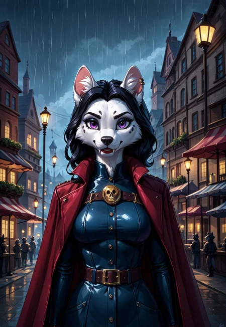 safe_pos, safe_pos, safe_pos, score_9, score_8_up, score_7_up, score_6_up, photorealistic, epiCPhotoGasm-colorfulPhoto, Realistic, highres, super high resolution, 8k, photo, furry, anthro, female,
In a rain-soaked city, a lone detective steps into the glow of a flickering streetlamp, her trench coat trailing behind her like a cloak of shadows. Her jet-black hair falls in sharp waves, framing her face, where a hint of crimson lipstick contrasts starkly against her pale complexion. Her dark, tailored suit is accented with subtle gothic flourishes—a lace cravat and silver skull cufflinks. In her gloved hand, she holds a cigarette, its faint ember glowing in the misty night, while the other grips a sleek revolver engraved with cryptic symbols. Her sharp, calculating gaze misses no detail as she stalks the rain-slicked streets, following clues that lead to secrets no one else dares uncover. A faint chill seems to follow her, as if the shadows themselves are her allies.furry, anthro