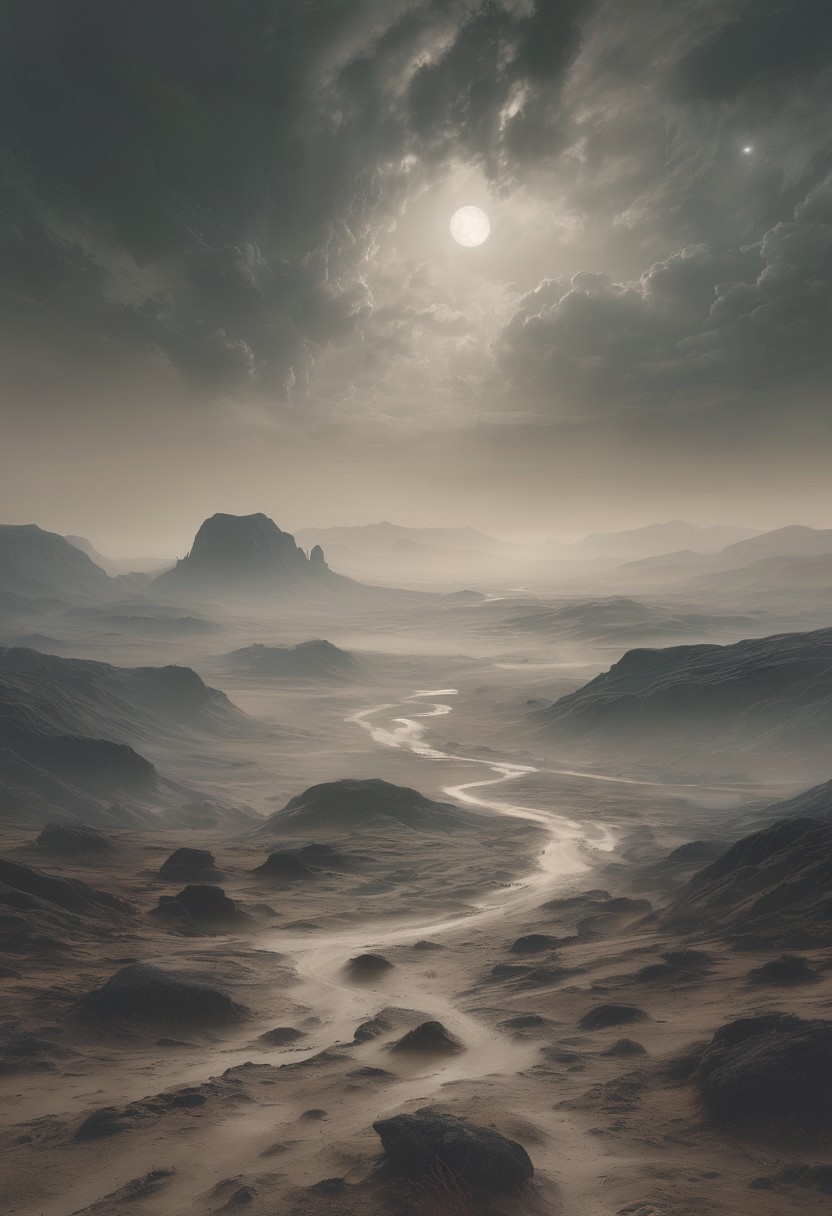 A vast caravan migrates through a barren desert valley, leading to a colossal weathered plain under a hazy sky, stony grays, a dense gray mist clogs the air with a soft ethereal glow,