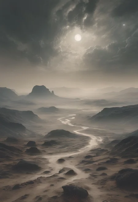 A vast caravan migrates through a barren desert valley, leading to a colossal weathered plain under a hazy sky, stony grays, a dense gray mist clogs the air with a soft ethereal glow,
