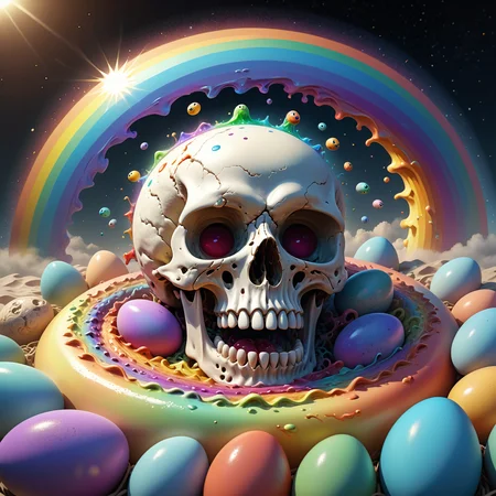 Film noir style a rainbow colored circle with clouds and sun rays,disgusting skull cooked alive,oozing and dripping slimy goo,easter eggs as the eyes,heart,colorful,ectoplasm,translucent,chaos,(cosmic horror:1.3),dreamlike,nightmare,intricate details,sharp focus,photography,photorealism,photorealistic,8k,soft focus,volumetric light,(intricate details),(hyperdetailed),8k hdr,high detailed,lot of details,high quality,soft cinematic light,dramatic atmosphere,atmospheric perspective,award-winning render,trending on artforum,wlop : : 6 octane render : :3,entering a quantum wormhole,naoto hattori,an ultrafine painting,by Wolfgang Zelmer,spiral heavens,digital art emoji collection . Monochrome