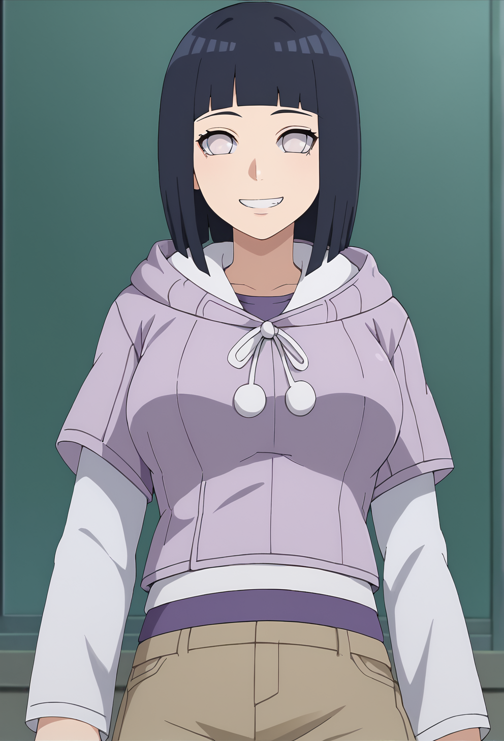 score_9, score_8_up, score_7_up,  source_anime,BREAK, 1girl,solo,hinapony, hooded jacket, , pearl eyes, layered sleeves,  <lora:HinataborutoPONYXL:0.7>, large breasts, smile, v, brown shorts