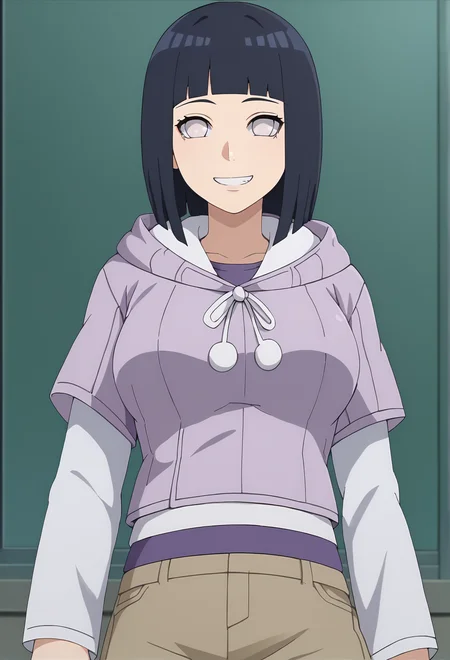 score_9, score_8_up, score_7_up, source_anime,BREAK, 1girl,solo,hinapony, hooded jacket, , pearl eyes, layered sleeves, <lora:HinataborutoPONYXL:0.7>, large breasts, smile, v, brown shorts
