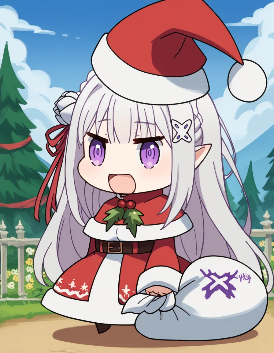 score_9, score_8_up, score_7_up, source_anime, <lora:rezero-emilia-s1s2-ponyxl-lora-nochekaiser:1>, emilia, braid, crown braid, flower, hair flower, hair ornament, hair ribbon, long hair, pointy ears, purple eyes, white hair, x hair ornament, medium breasts,, <lora:padoru-ponyxl-lora-nochekaiser:1>, padoru, padoru (meme), holding sack, sack, santa hat, meme, christmas, open mouth, chibi, red capelet, santa dress, capelet, fur-trimmed headwear,, ,