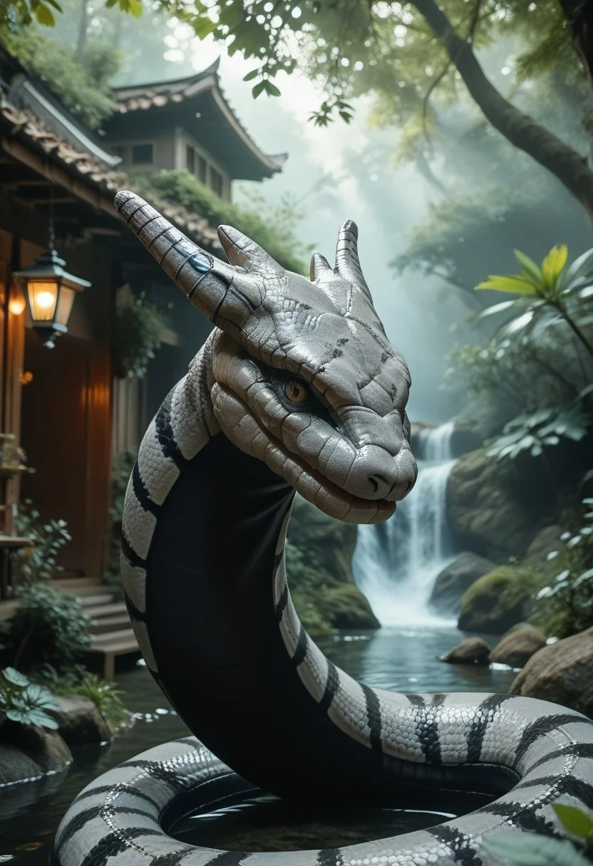 (((score_9, score_8_up, score_7_up)):2.0), source_photo, hyperrealistic, photo, photorealism,  realistic lightings, Dynamic Lighting, s1_dram, Warm lighting, Japanese garden, cherry trees, detailed background, (((Naruto_Manda, snake))), slit pupils, green eyes, purple body, body markings, black eye markings, 2 pair of horns, black belly scales, highly detailed, cinematic lighting, realistic shadows, skin texture realistic, masterpiece, award winning photography