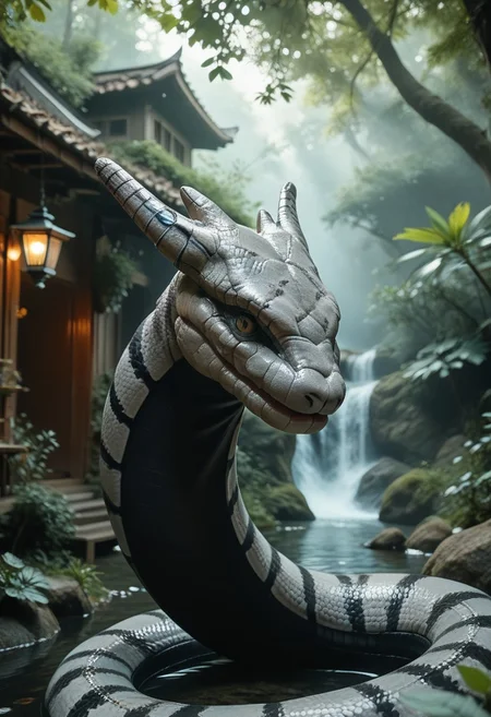 (((score_9, score_8_up, score_7_up)):2.0), source_photo, hyperrealistic, photo, photorealism, realistic lightings, Dynamic Lighting, s1_dram, Warm lighting, Japanese garden, cherry trees, detailed background, (((Naruto_Manda, snake))), slit pupils, green eyes, purple body, body markings, black eye markings, 2 pair of horns, black belly scales, highly detailed, cinematic lighting, realistic shadows, skin texture realistic, masterpiece, award winning photography