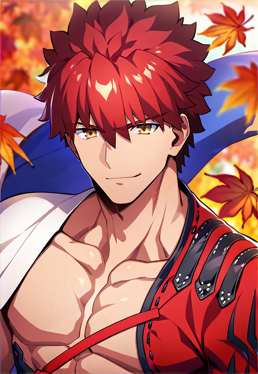 2boys, male focus, muscular male, best quality, amazing quality, best aesthetic, absurdres, official style, year 2023, game cg,  <lora:SenjiMuramasaFATEPONY:1> senji_muramasa_(fate), red hair, yellow eyes, igote, autumn, autumn leaves, close-up, smirk,