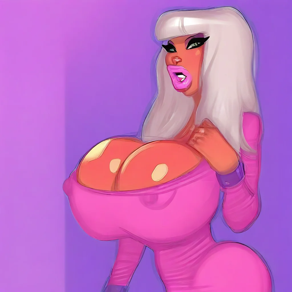 1girl, c1ub51ut, platinum hair, blunt bangs, green eyes, pink lips, pink dress, long sleeves, huge breasts,