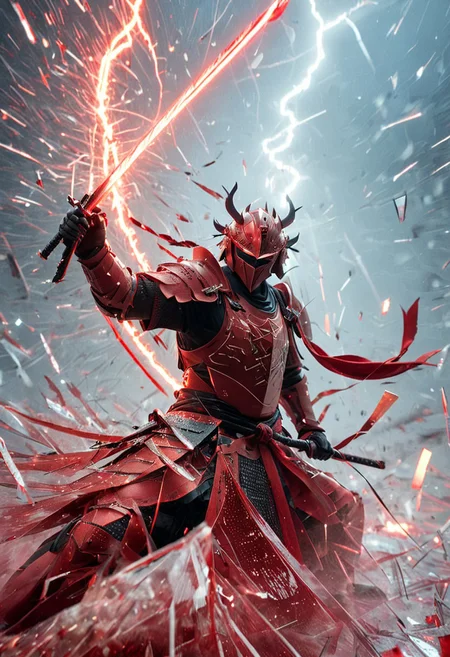 1man, armored samurai in red armor, wearing samurai helmet and armor, Incoming sword, broken glass, reflection, glowing lightning slash, red katana, red lightning, shatter, holding sword, glowing sword, motion blur, emphasis line, outdoor in the darkness, looking viewer,