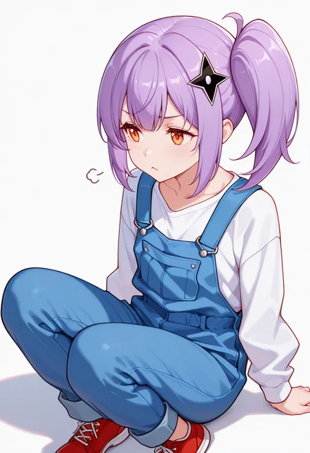 masterpiece,high quality details, absurdres,
<lora:Satoko_Kusagakure:0.9>
satoko_cnr, 1girl, purple hair, long hair, side ponytail,orange eyes,hair ornament,sidelocks,enh_cnr,
satoko_s2, collarbone,overalls,white shirt, long sleeves, pants, red footwear, shoes,, simple background, white background, from side,solo,, sulking,guilt,, :<,