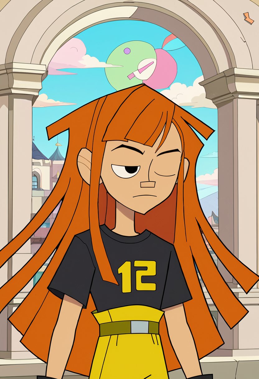 <lora:TwelveForever_Reggie_Pony:0.9>, reggie \(endless\), reggie \(twelve\), one eye closed, reggie, twelve forever, 1girl, solo, orange hair, long hair, black eyes, bangs, clock tower, masterpiece, best quality, score_9, score_8_up, score_7_up