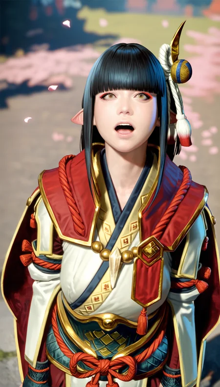 score_9,score_8_up,score_7_up,
<lora:hinoa:0.9>,
mhhinoa,
photorealistic,
1girl,solo,black hair,long hair,blunt bangs,yellow eyes,open mouth,pointy ears,red and white short cape,shoulder necklace,white japanese robe top,deep red undershirt,detached sleeves,black fingerless gloves,upper body,reaching both arms upward,from above,blurry background,outdoors,falling petals,ground,