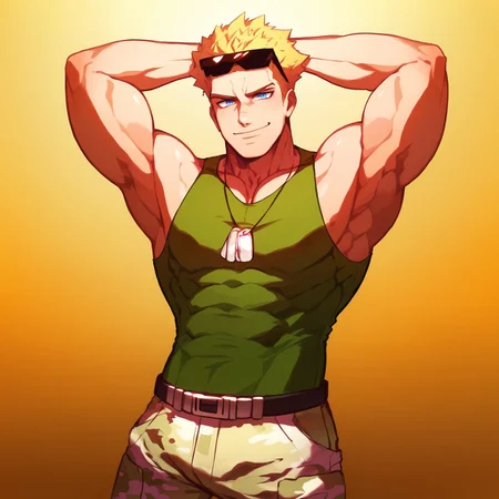 , score_9, score_8_up, score_7_up, masterpiece, , line art, anime,, detailed, <lora:Expressive_H:0.45> Expressiveh, , LtSurge, male, blond hair, sunglasses on head, dog tags, green tank top, camo pants, belt, blue eyes, stretching, smile, gym