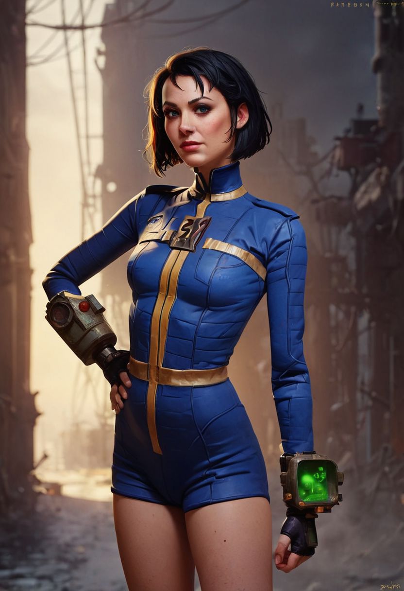 ASCII score_9, score_8_up, score_7_up, 1girl, 20 year old, gorgeous woman, wearing a vault tec vault suit, pipboy3000, fallout, tiny arms, tiny legs, tiny size breasts, tiny petite frame, harsh sunlight, standing, posing shyly