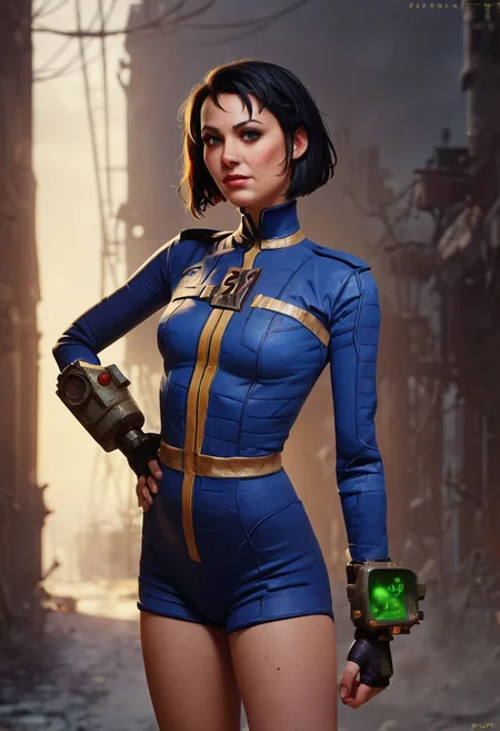 ASCII score_9, score_8_up, score_7_up, 1girl, 20 year old, gorgeous woman, wearing a vault tec vault suit, pipboy3000, fallout, tiny arms, tiny legs, tiny size breasts, tiny petite frame, harsh sunlight, standing, posing shyly